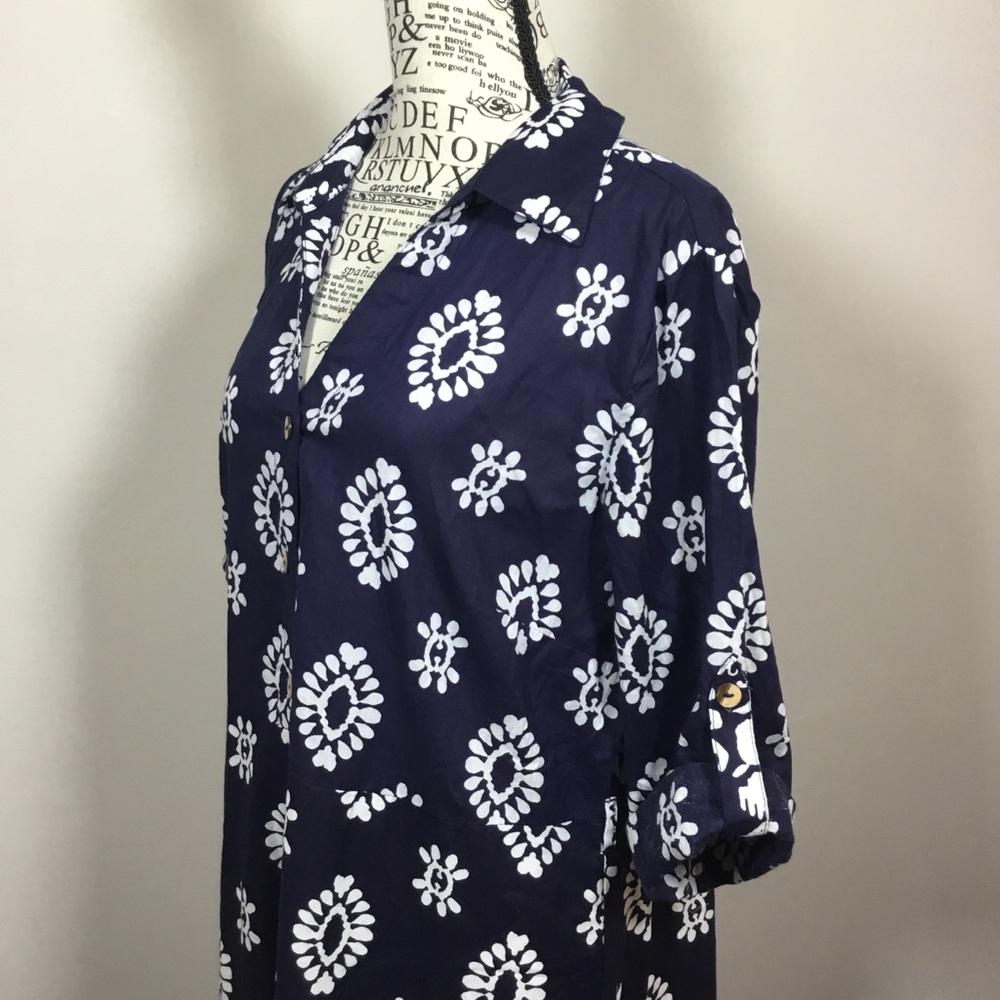 Mlle Gabrielle Navy blue paisley 100% cotton long dress like new button top sz L - Picture 4 of 8